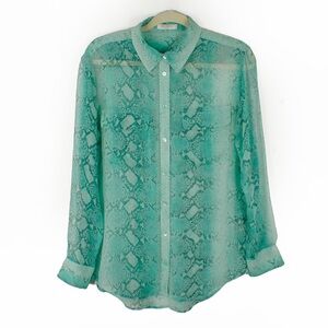 Equipment Teal Blue Semi Sheer Snakeskin Reptile Print Button Silk Blouse Top